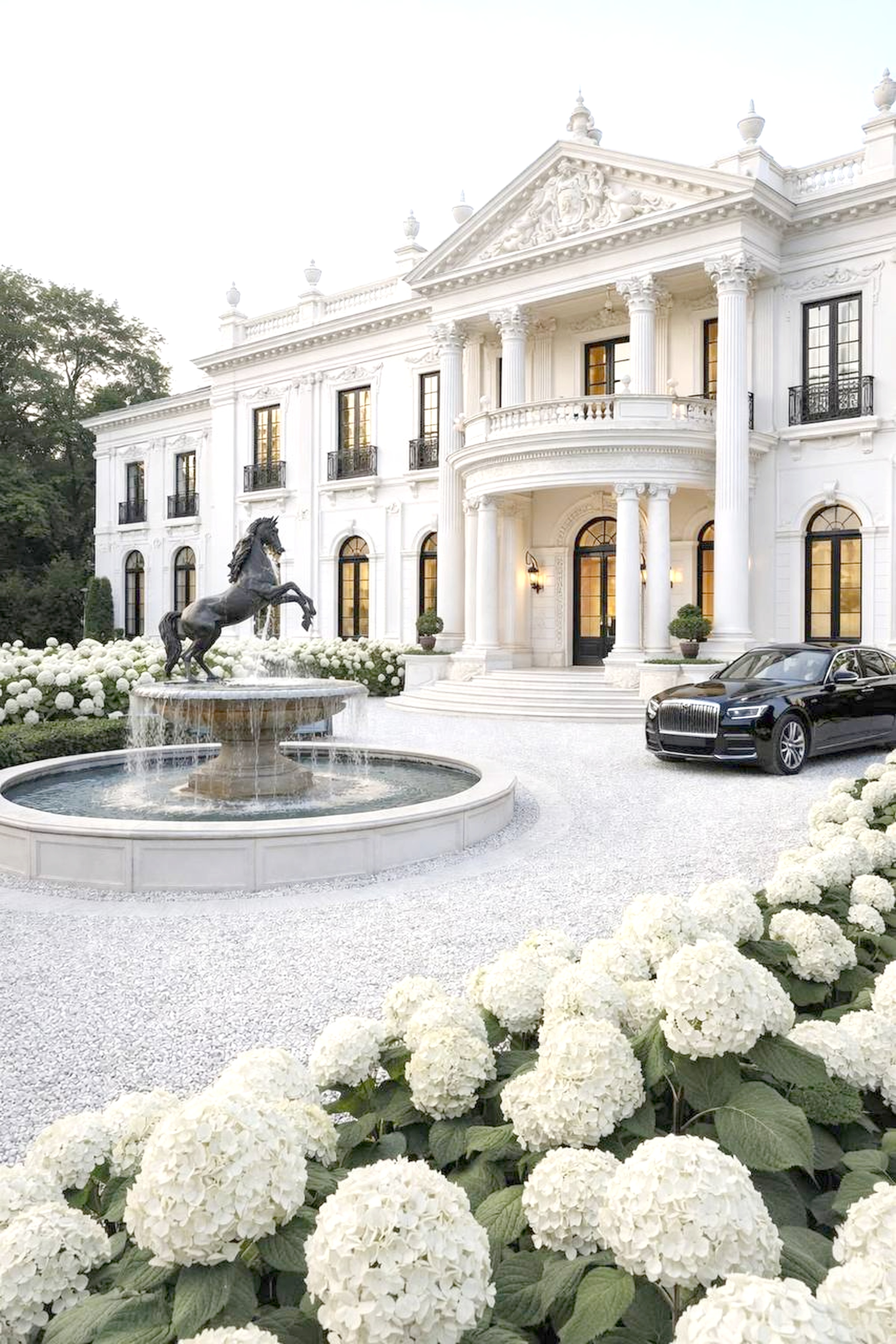 Royal Estates · grand Baroque mansion with horse fountain and hydrangeas